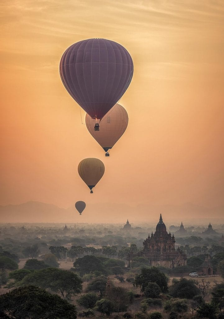 Principal hot air balloons, bagan, sunset, sunrise, fog, temples, burma, myanmar, kingdom, nature, ancient, asia, panorama, scenery, scenic, iphone wallpaper, phone wallpaper